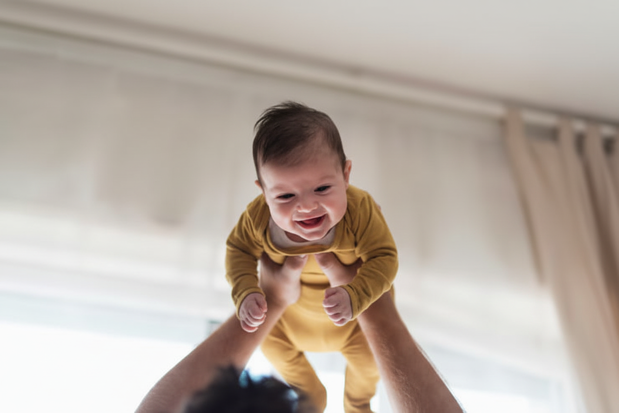 Smiling baby in yellow onesie